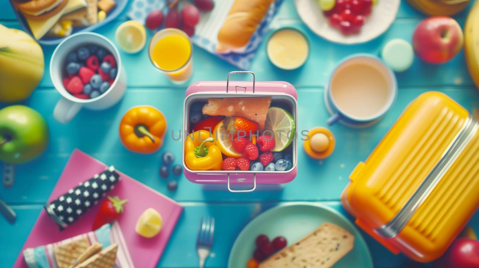 Blurred Background for Healthy Breakfast. Lunch box with Vegetables, Berries and Fruits, Juice and Coffee, Whole Wheat Bread on Blue Background, Wooden Table. AI Generated. Flat Lay. Organic Meal.