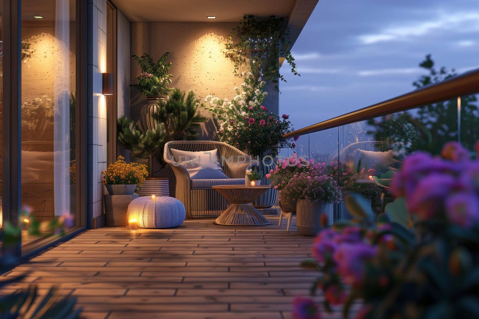 A cozy balcony with a wooden chair and table, surrounded by potted plants, flowers, and a view of the sky and nearby buildings