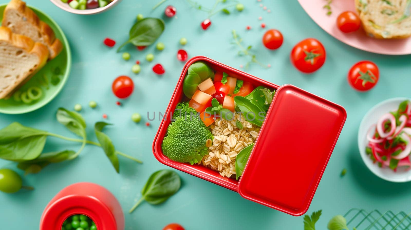 Blurred Background for Healthy Breakfast. Re Lunch box with Vegetables, Greens, Tomato, Broccoli, Spinach, Whole Wheat Bread on Blue Background, AI Generated. Flat Lay Horizontal. Organic Meal by netatsi
