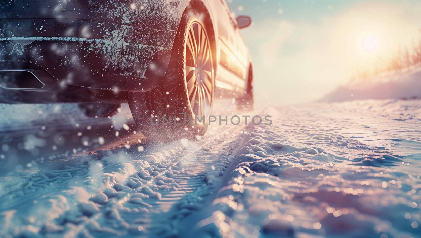 An automotive tire glides through the freezing snow on a snowy road, surrounded by a natural landscape covered in electric blue hues