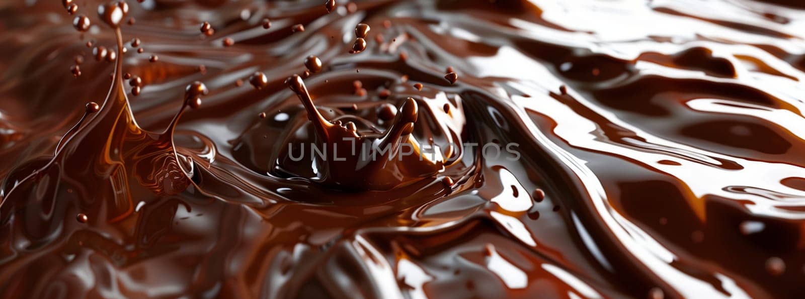 Macro photography of a closeup shot of melted chocolate on a wooden table, showcasing the glossy texture and rich brown color of this delicious ingredient