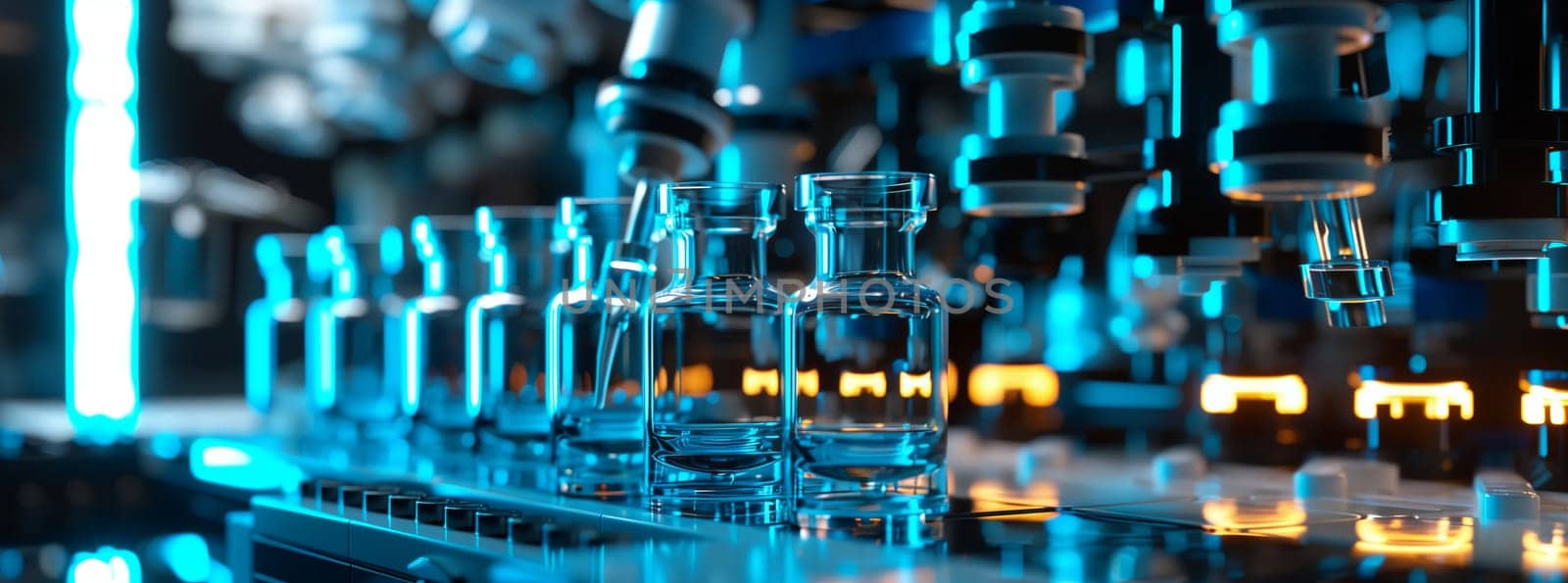 An electric blue glass pattern decorates a row of drinkware sitting on top of a table, filled with various liquids ranging from aqua to gas