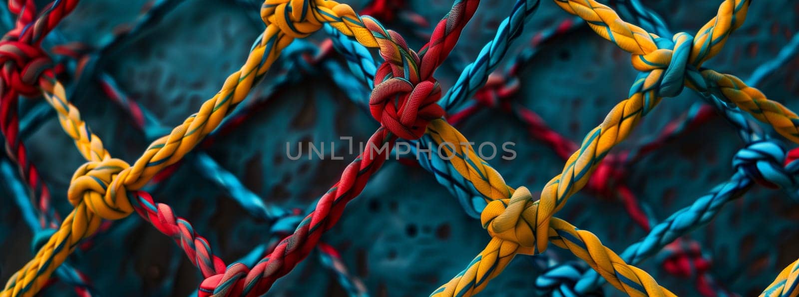 A closeup of a vibrant Azure, Aqua, and Electric blue fishing net with intricate knots, showcasing a beautiful Art pattern of woolen rope
