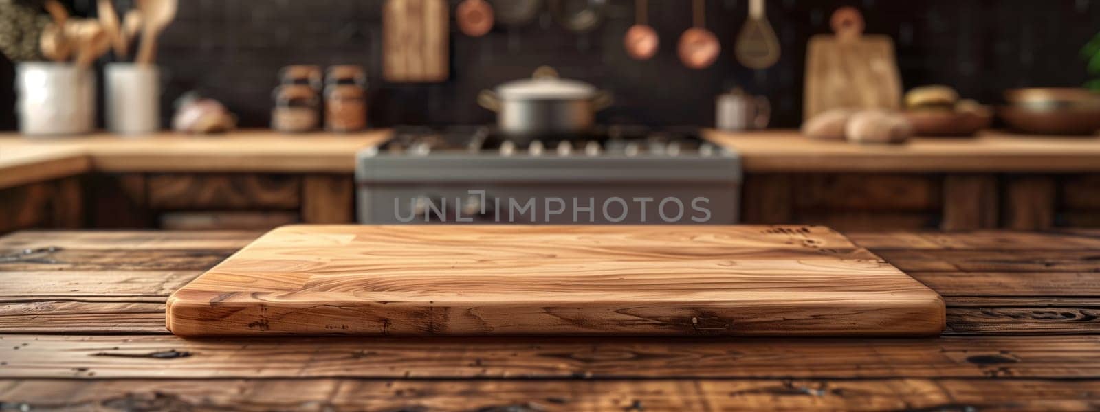 A wooden cutting board rests atop a hardwood table in a kitchen, showcasing the beauty of natural wood flooring and lumber craftsmanship