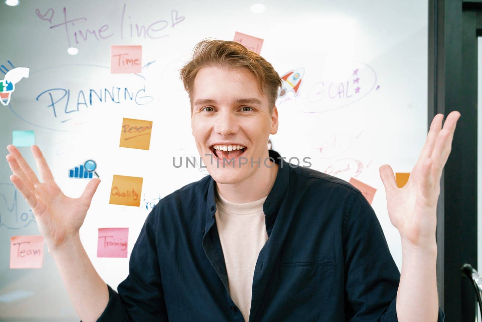 Portrait of young caucasian businessman shocked, surprised facial expression by receive good news. Stunning and amazing facial expression. Creative business meeting with mind map. Immaculate.