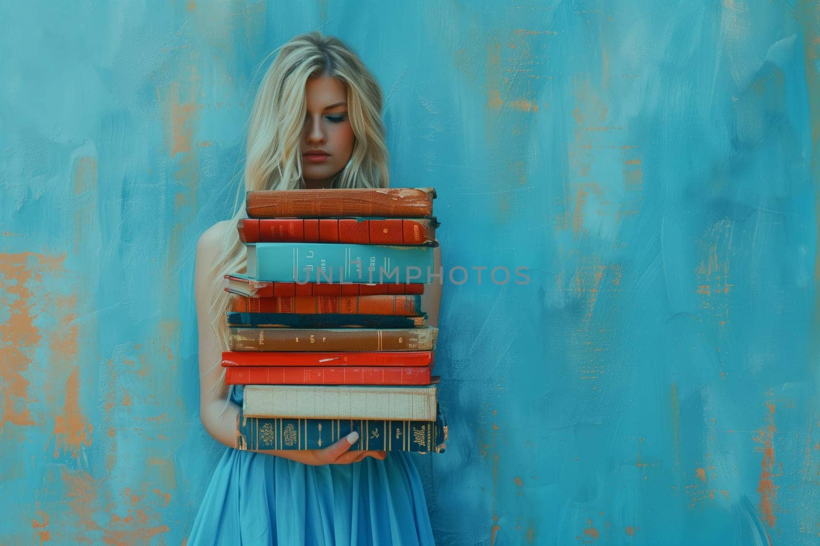 An artist in an azure blue dress is holding a stack of books, standing in front of a painting on wood. The electric blue color contrasts beautifully with the artwork