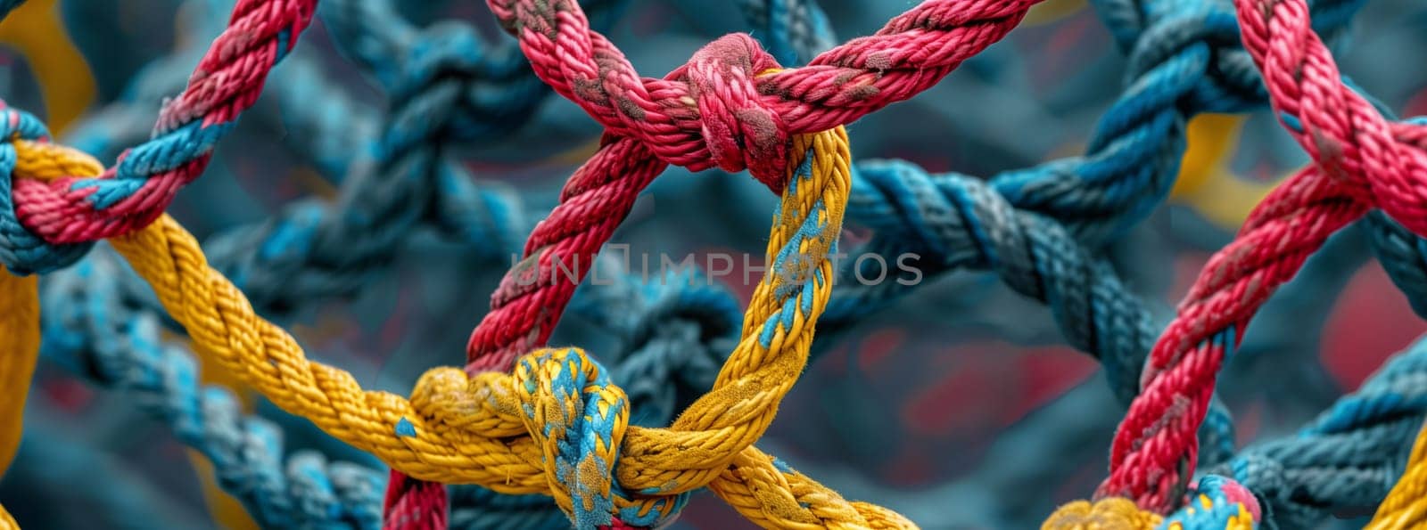 An electric blue rope net, intricately knotted, resembling a pattern found in nature. It evokes images of water, organisms, terrestrial plants, arthropods, and even fictional characters
