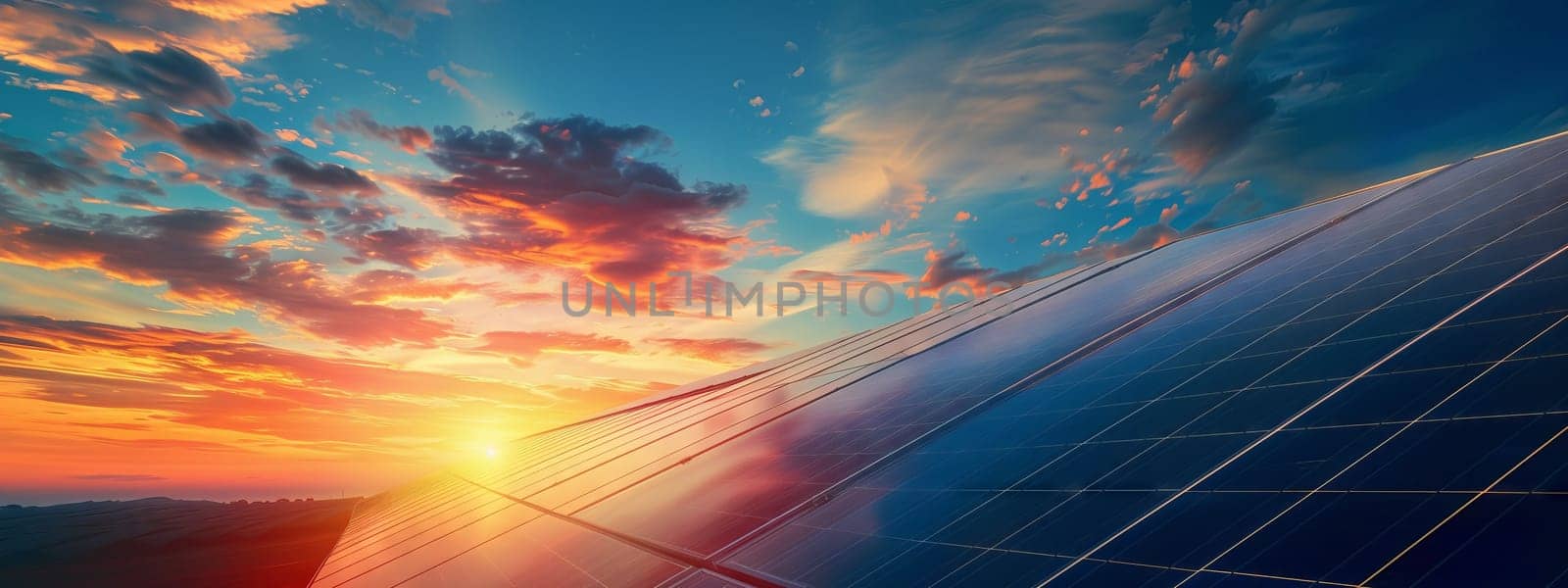 As the sun sets, its golden light filters through the solar panels against a backdrop of cumulus clouds and a picturesque natural landscape