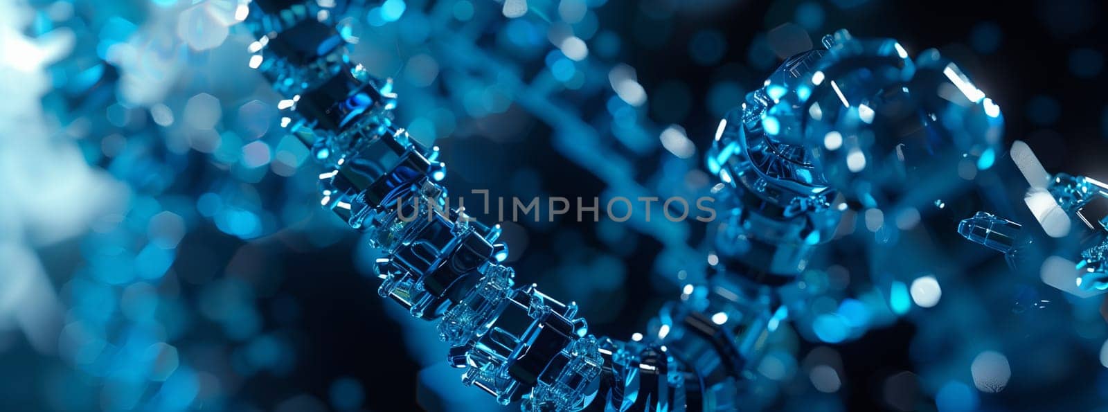 A closeup of an electric blue necklace resembling coral reef patterns underwater. The vibrant color symbolizes marine biology and the beauty of the water world