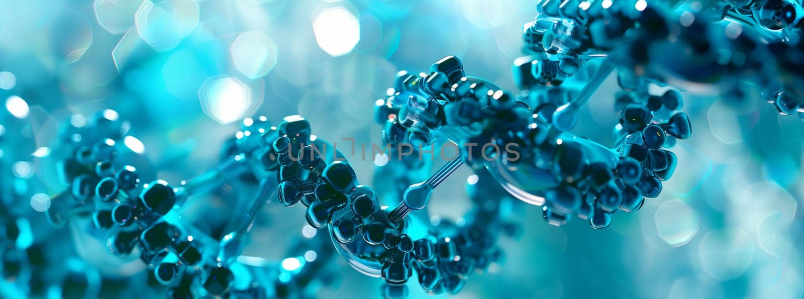 Macro photography of an electric blue necklace with rhinestones on a blue background resembling water or liquid. The pattern is intricate, evoking a plantlike art piece