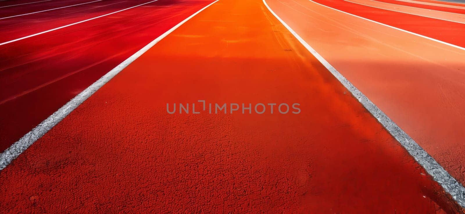 A closeup shot of an orange track with white lines, resembling a race track for track and field athletics. The asphalt road surface creates a symmetrical pattern of parallel lines and triangles