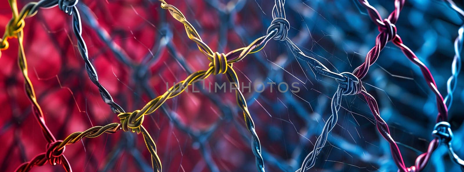 A close up of a fishing net against a vibrant red and electric blue background, resembling a terrestrial plant with meshlike design and wire fencing