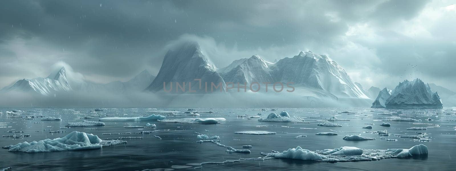 A cluster of icebergs drifts on liquid, under a cloudy sky by richwolf