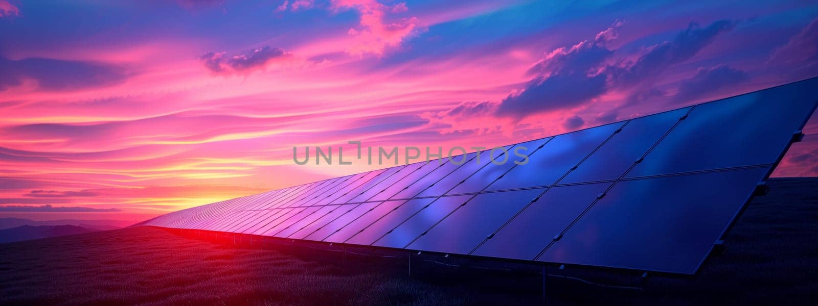 A close up of a solar panel with a sunset in the background, featuring shades of purple, violet, and afterglow reflected in the water