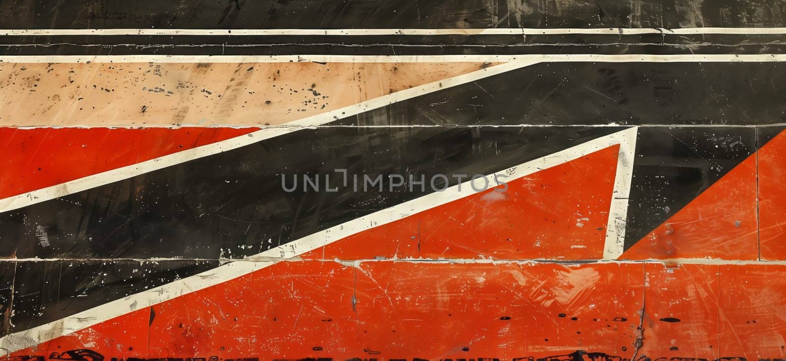 A detailed close up of a British flag displayed on a wooden wall, featuring vibrant colors and intricate line work in a symmetrical triangle and rectangle design
