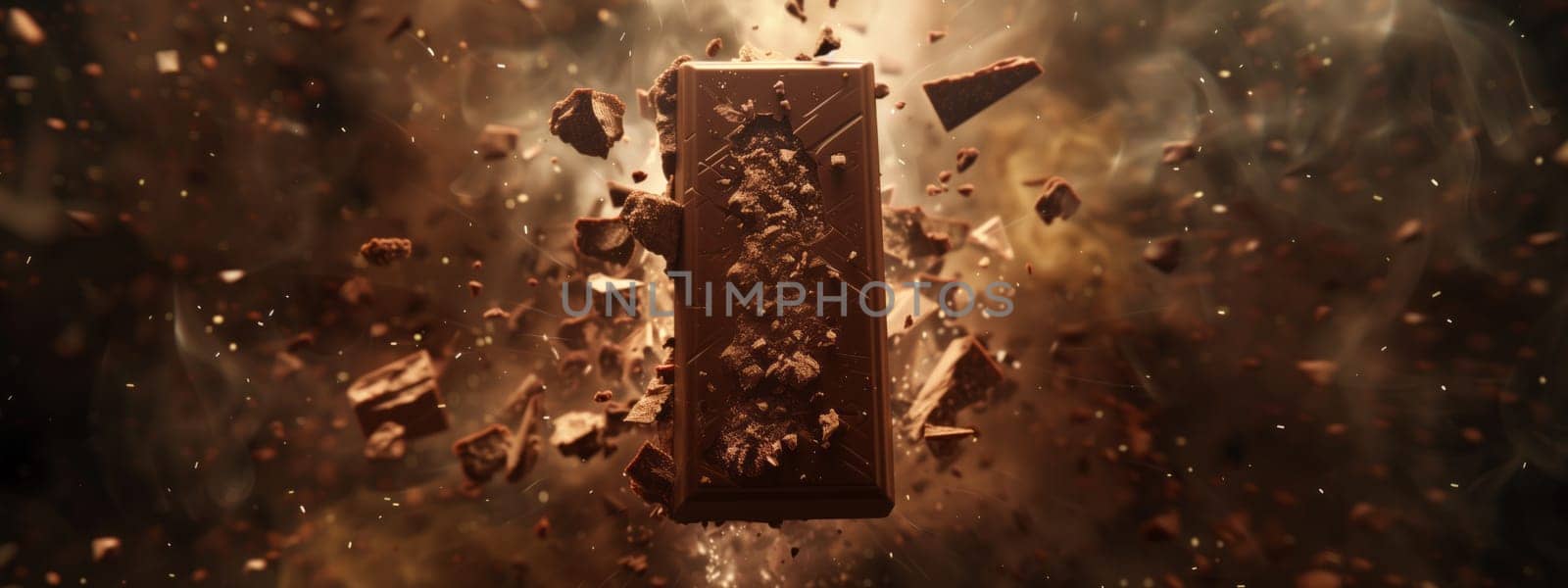 A chocolate bar explodes in a dark room, creating a messy yet artistic landscape reminiscent of a historic wood carving depicting terrestrial animals