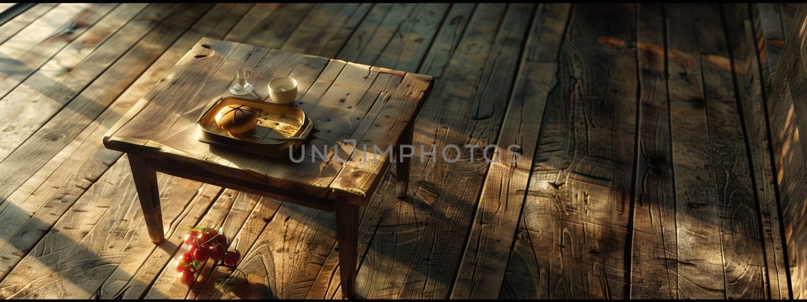 Wooden table with a bowl on top, placed on hardwood flooring by richwolf