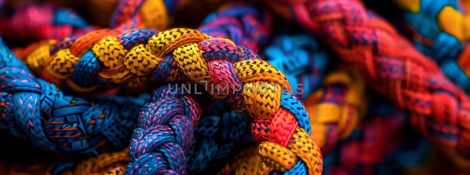 A closeup of colorful textile ropes in purple, magenta, and electric blue, showcasing a creative arts pattern like an organism made of woolen material. Perfect for an artsy event or art project