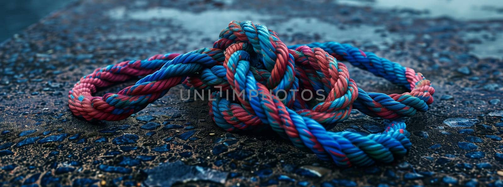 An electric blue and magenta rope is artistically laid out on the grass, creating a striking pattern against the soil. This craft resembles automotive tire track marks at an outdoor event