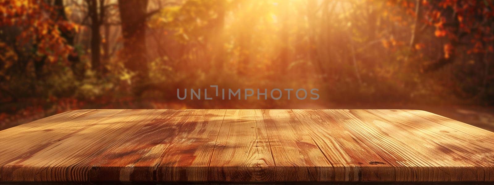 Amber hues on hardwood table in forest clearing, sun filtering through trees by richwolf