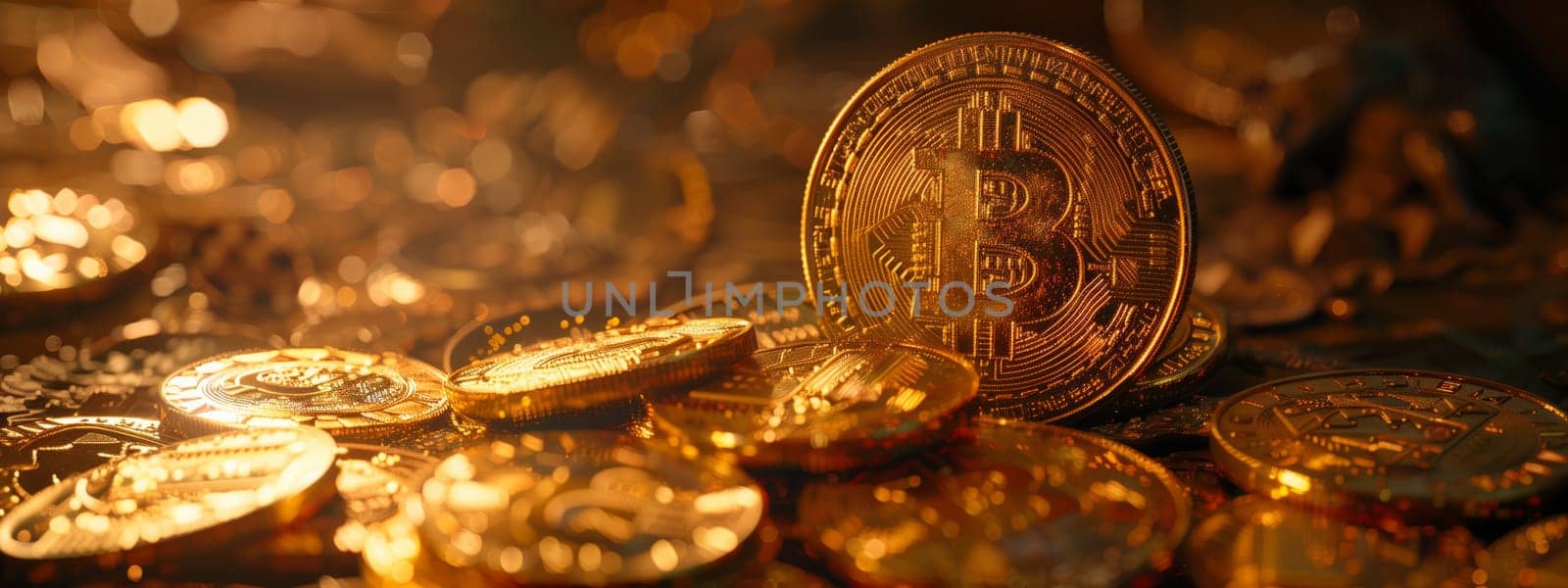 A collection of gold coins surrounds a Bitcoin in the center, creating a luxurious and modern display. The contrast of metal and digital currency is captured beautifully in macro photography