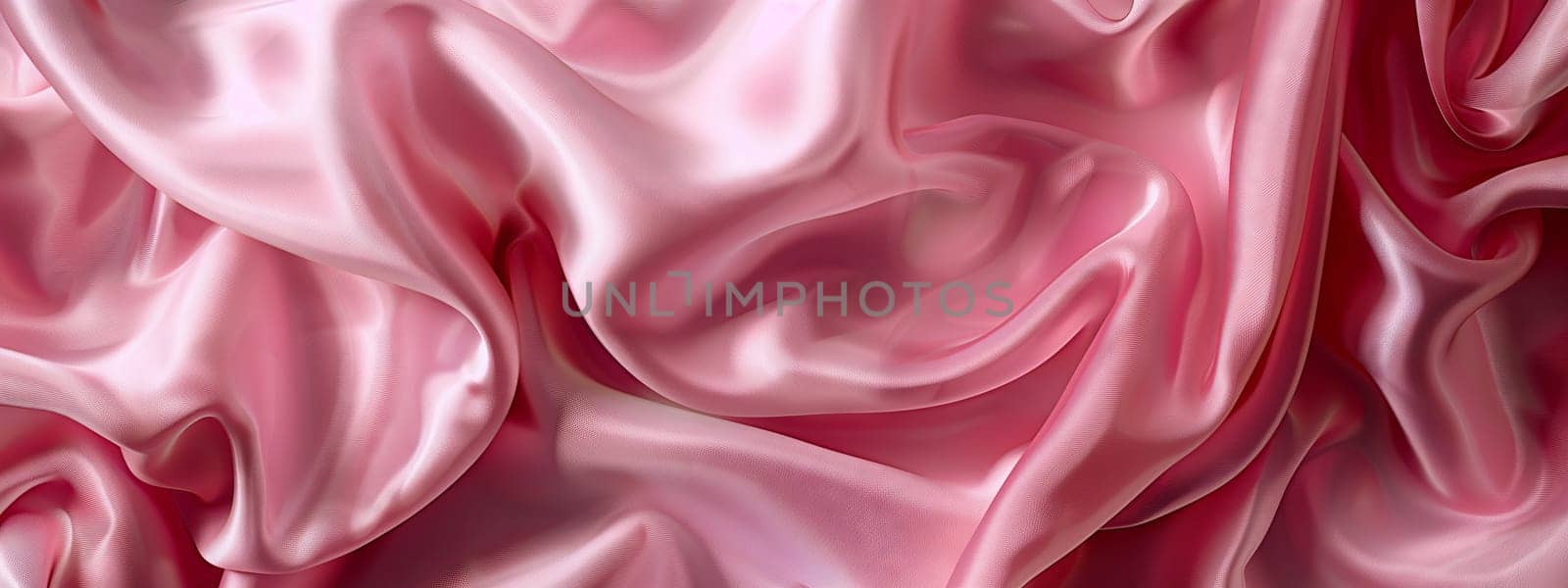 A close up of a liquid pink satin fabric with waves creating a beautiful pattern reminiscent of a painting. The hues range from purple to magenta, with touches of violet and carmine