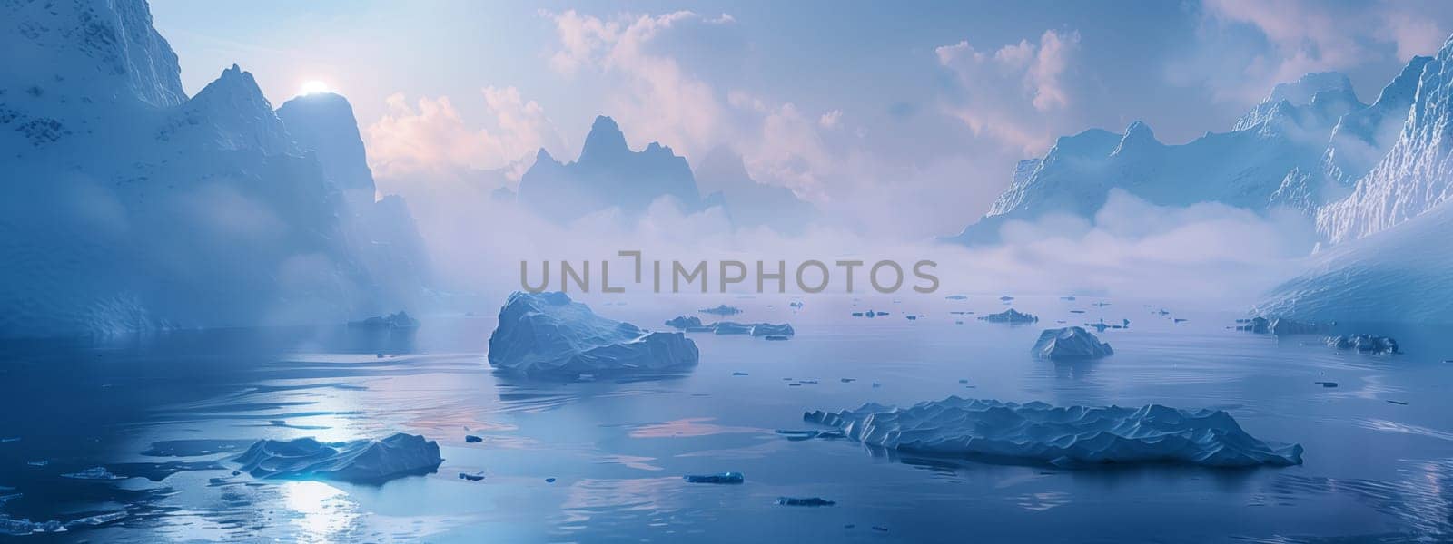 A natural landscape painting of a frozen lake with icebergs, mountains, and a polar ice cap in the background, under a cloudy sky with cumulus clouds