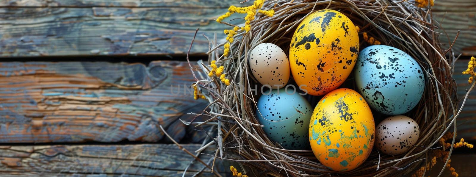 Still life photography of colorful Easter eggs in a nest on a wooden table by richwolf