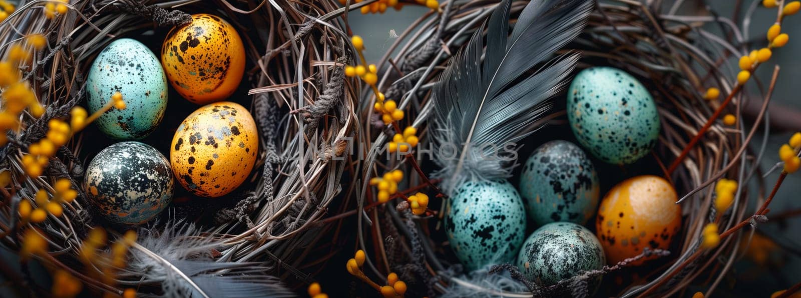A bird nest filled with eggs and feathers, surrounded by a Terrestrial plant of the Cucurbita genus. The Calabaza vine provides natural foods like pumpkins, winter squash, and other vegetables