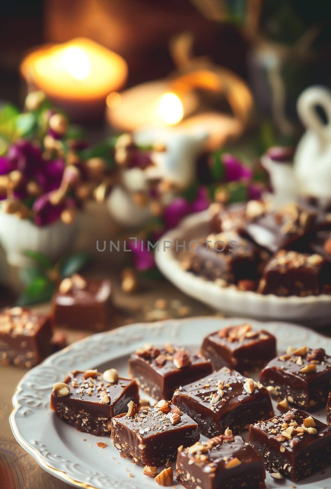 Indian Chocolate Burfi Or Chocolate Barfi, Delicious Indian Sweet Holiday Treat, Chopped Nut, Almond, Pistachios, Candles and Flower On Wooden Table. Festivals, Celebration. Ai Generated Vertical.