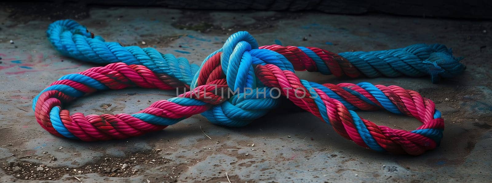 A pattern of Aqua, Magenta, and Electric Blue ropes tied in a knot on the ground. The vibrant tints and shades create a stylish fashion accessory perfect for any event