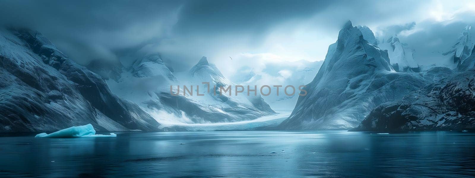 Iceberg in lake among mountains, surrounded by natural landscape by richwolf
