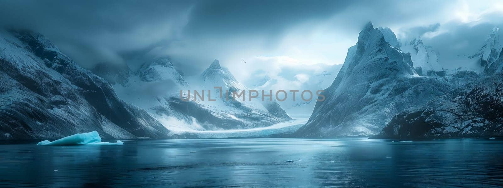 A massive iceberg sits peacefully in the serene lake, encircled by majestic mountains under the expansive sky. A breathtaking natural landscape enhanced by the glistening ice cap