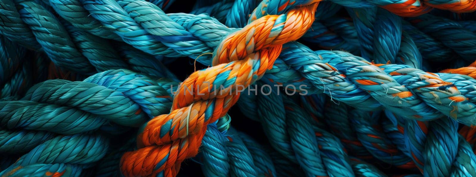A close up of electric blue and orange woolen ropes creating a vibrant pattern. The ropes are intertwined, resembling a unique art piece or fiber net
