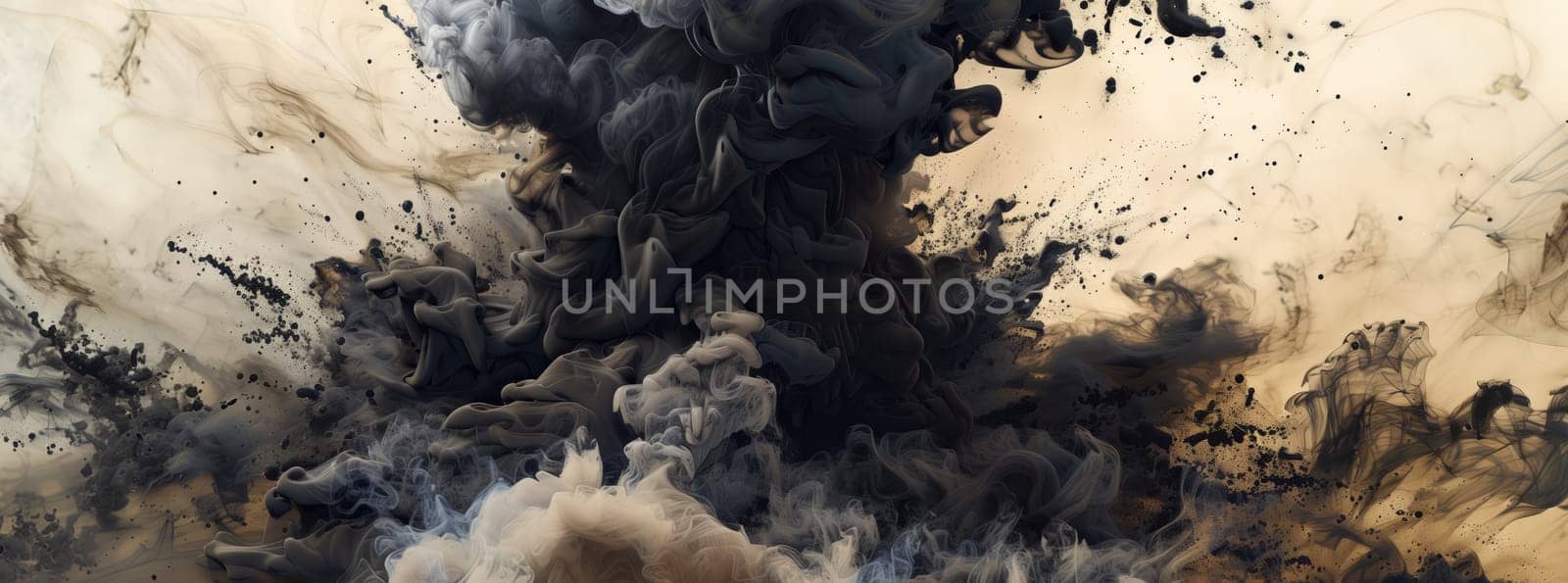 A massive cloud of smoke billows from the landscape, rising from the ground like a dark event. Trees, rocks, and buildings are enveloped in the haze