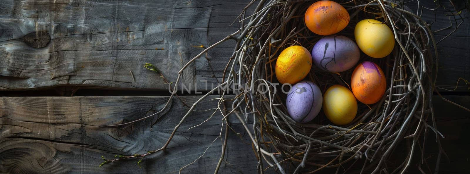 A springthemed still life photography of a bird nest with colorful Easter eggs resting on a wooden table, surrounded by natural materials like twigs and grass
