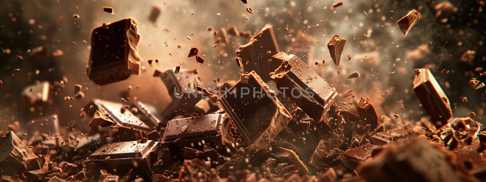 A stunning art installation features chocolate pieces erupting like a volcano, creating a unique event in the landscape with water, plants, and soil