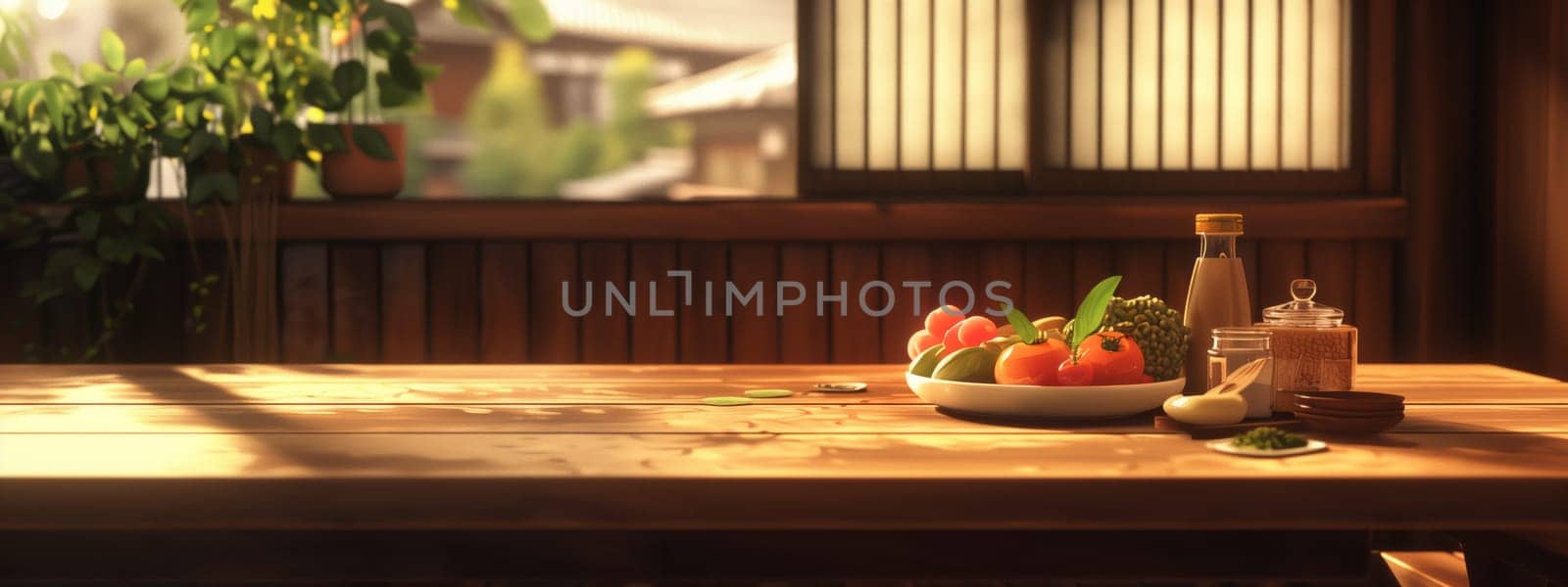 A wooden table with a bowl of fresh fruit and vegetables, enhancing the rooms hardwood flooring. Perfect for preparing a healthy recipe with natural ingredients from the plant kingdom