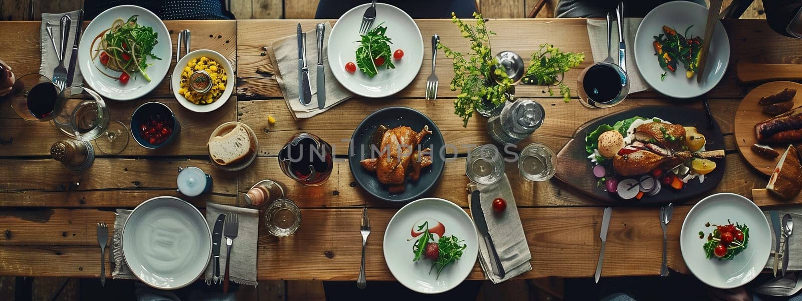 A wooden table adorned with plantbased cuisine, elegant tableware, and gleaming wine glasses set in a lush grassy setting