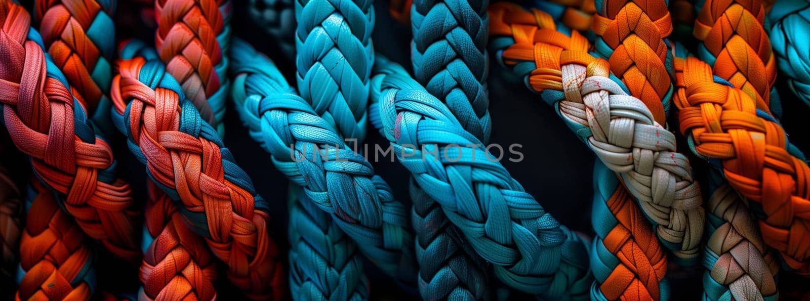 A closeup of vibrant textile ropes in electric blue, magenta, and other colors, creating a beautiful pattern. Perfect for an art event or fashion accessory