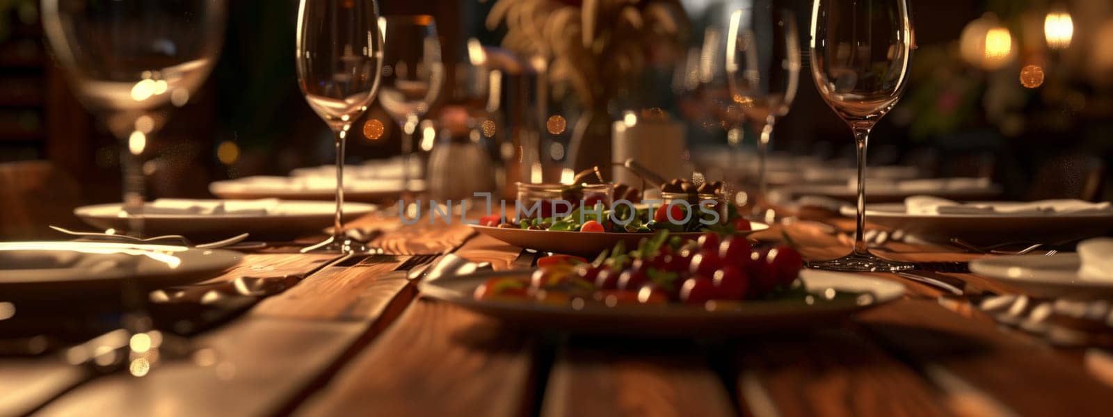 A sturdy hardwood table with elegant tableware such as plates and wine glasses arranged on top. It is set for a fancy event in the city, adding a touch of sophistication to the room