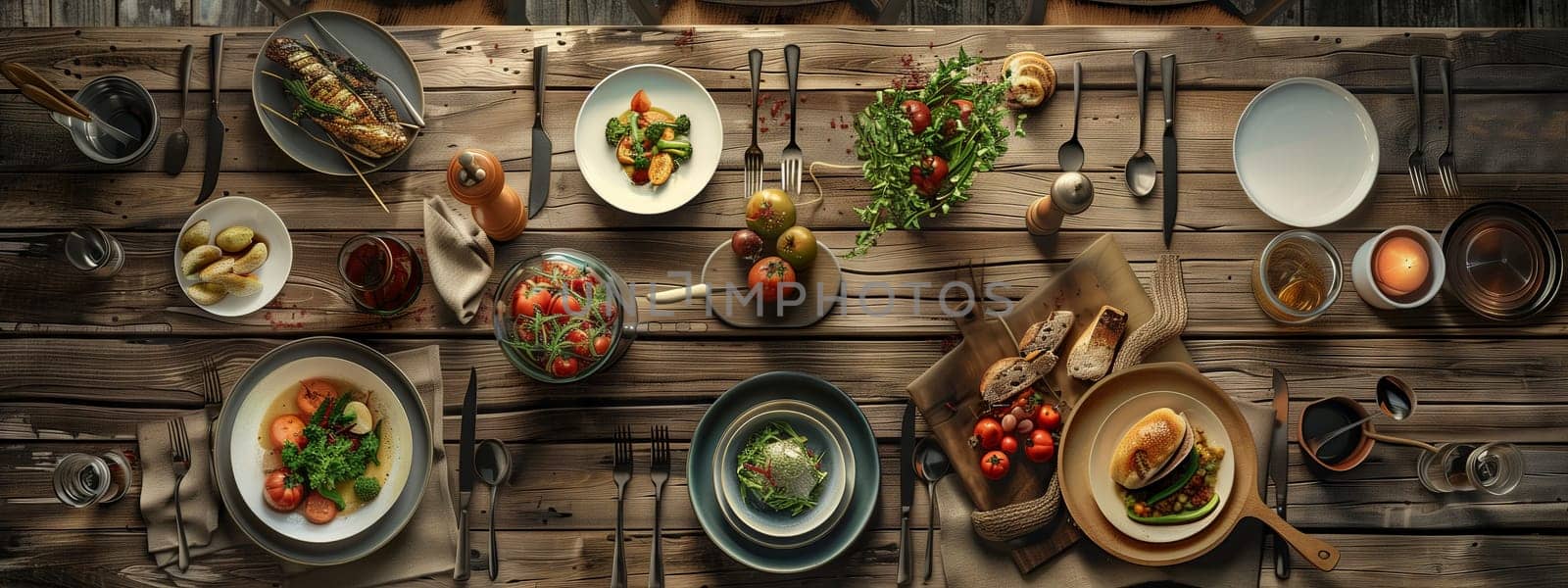 A table set with plates of food and utensils, creating a beautiful display for an event. The wooden table contrasts nicely with the metal tableware