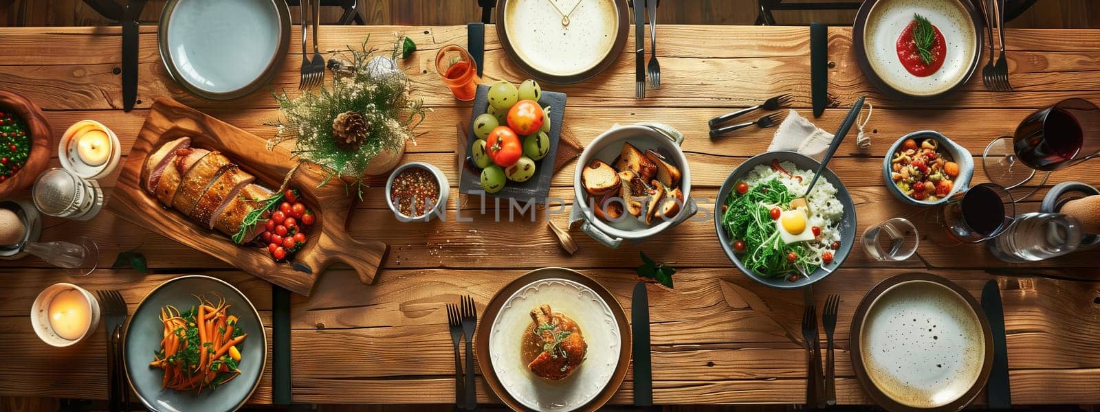 A sturdy hardwood table adorned with plantbased cuisine, featuring an array of colorful vegetable dishes served on elegant wooden tableware
