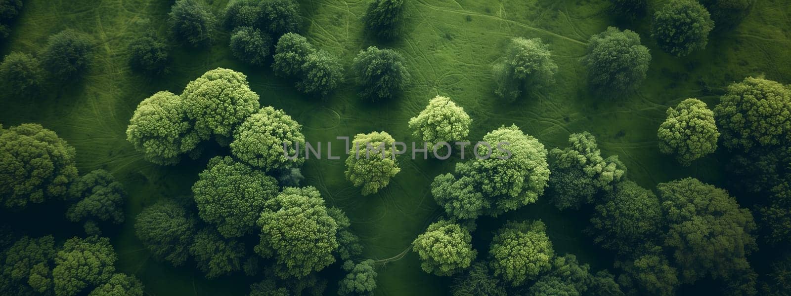 A panoramic view of a densely populated forest showcasing a variety of terrestrial plants, shrubs, and flowering plants creating a vibrant and lush landscape from above