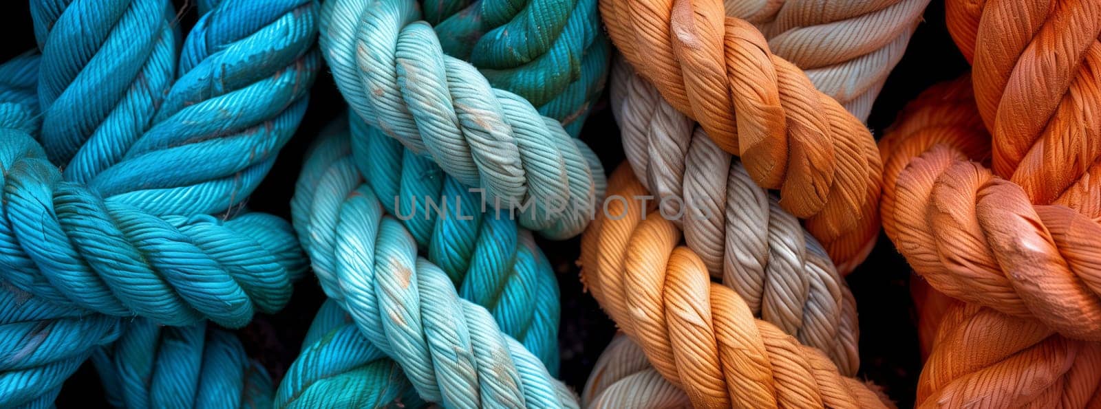 A close up of three different colored ropes stacked on top of each other, featuring electric blue, patterned wool, and woolen fiber threads