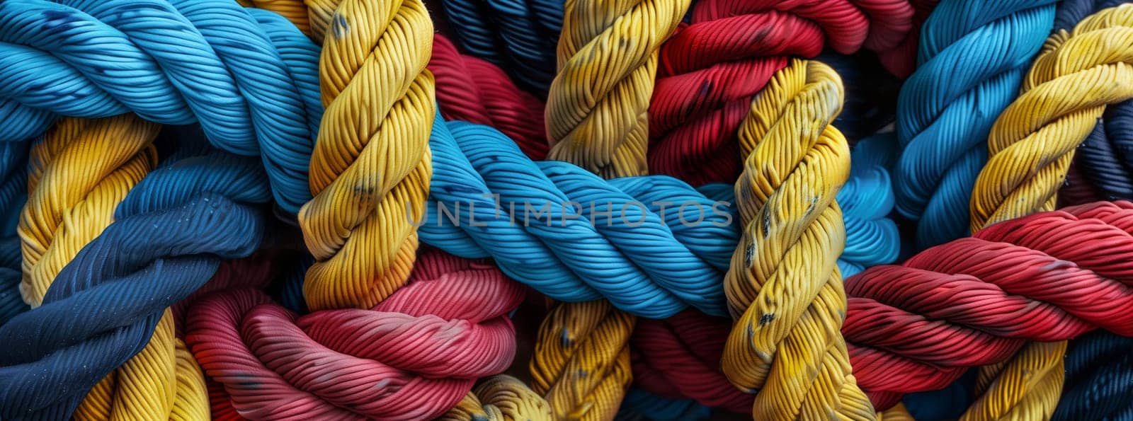 A close up of a vibrant pattern of yellow, magenta, and electric blue woolen ropes tied together, showcasing an artful fashion accessory design