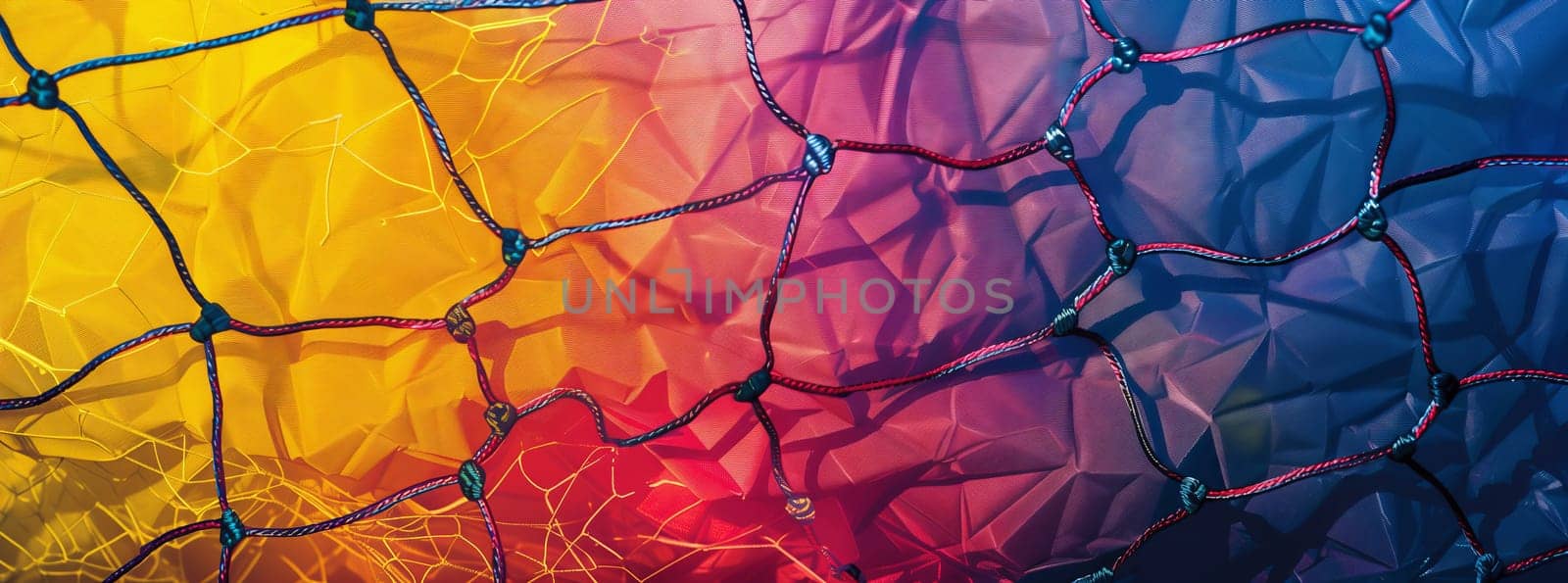 Close up of a soccer net painted with a vibrant rainbow pattern by richwolf
