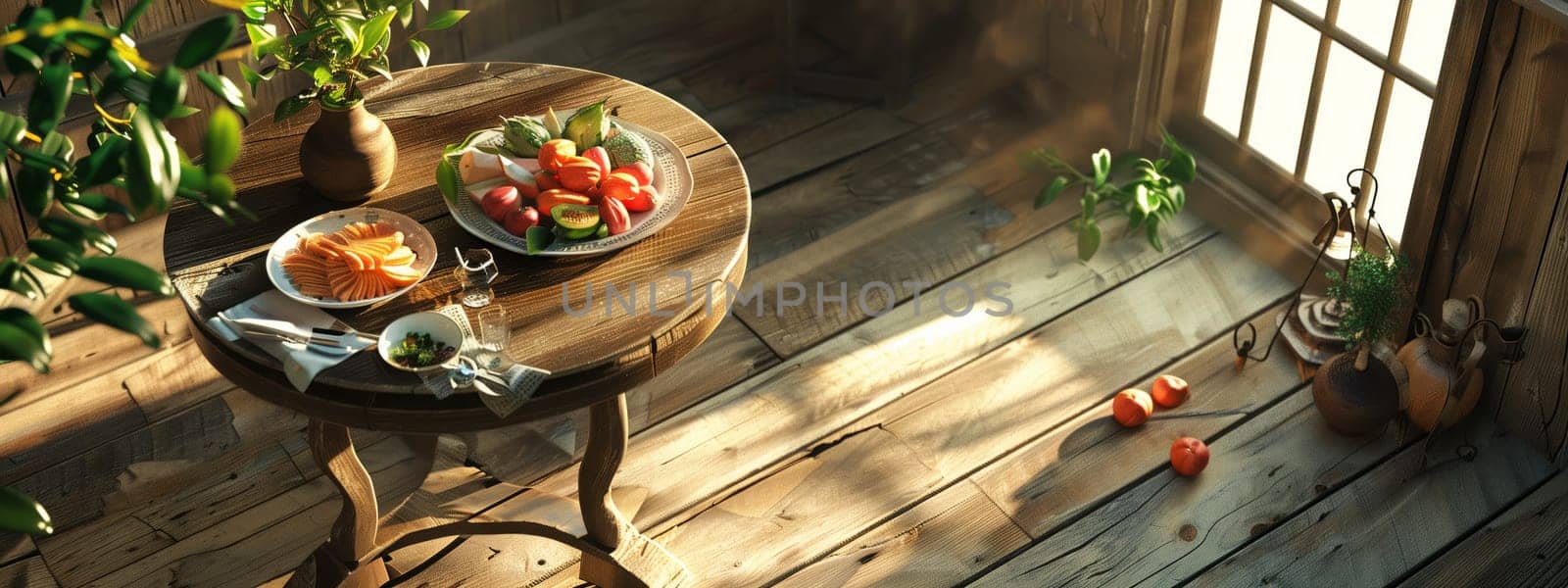 A wooden table adorned with plates of delicious food sits in a room, bringing together elements of nature and cuisine in an artful display of culinary creations