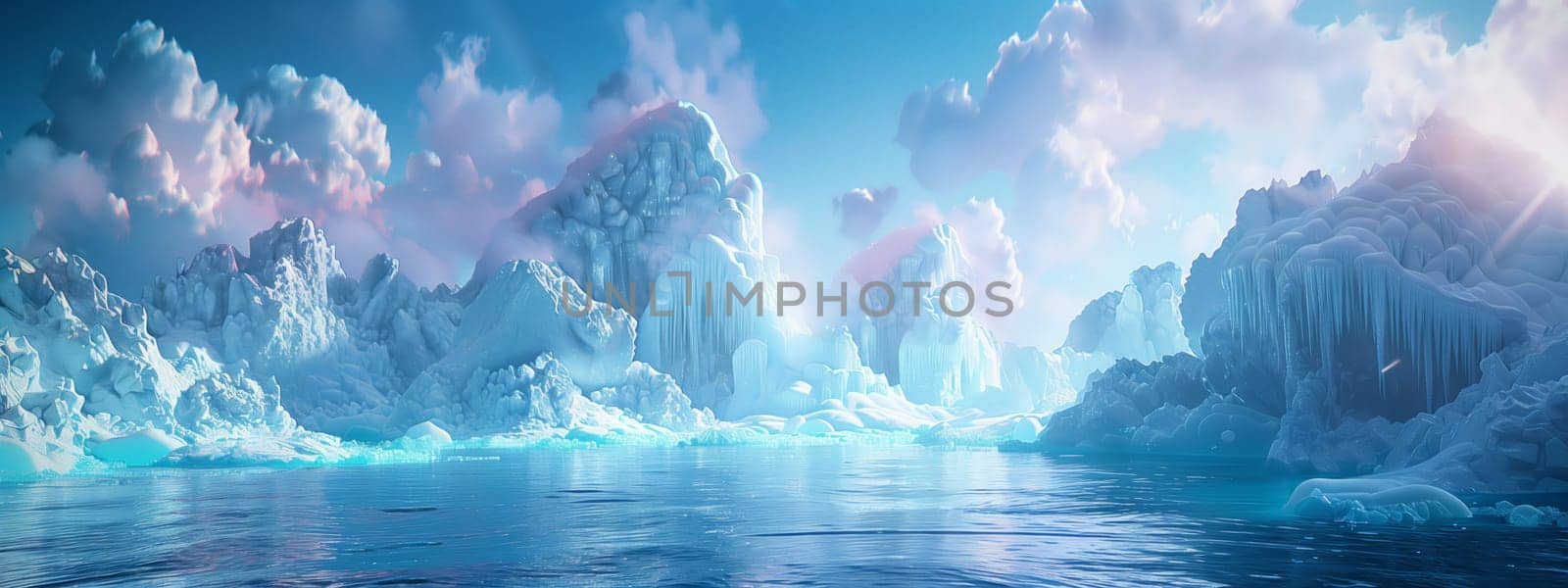 Frozen lake with snowy peaks, icebergs, and electric blue sky by richwolf