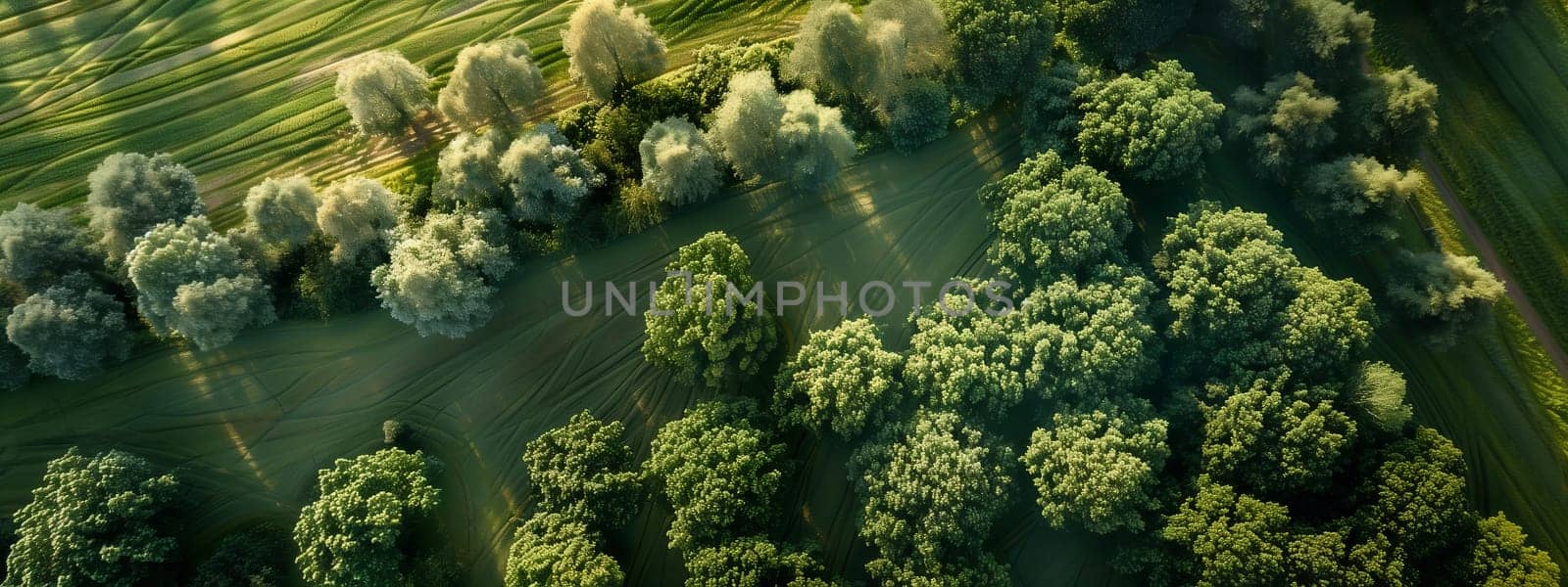 An aerial view of a dense forest with abundant terrestrial plants, grass, and a natural landscape. The lush greenery contrasts with the soil, creating a vibrant and serene scene